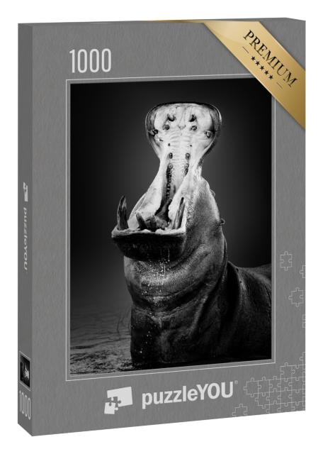 Puzzle 1000 Teile „Nilpferd mit weit geöffnetem Maul im Wasser, schwarz-weiß“