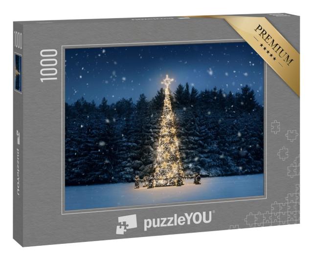 Puzzle 1000 Teile „Beleuchteter Weihnachtsbaum bei Nacht mit fallendem Schnee“
