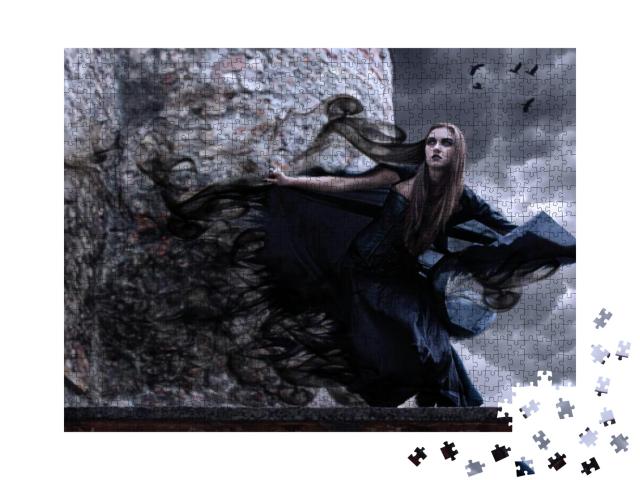 Puzzle 1000 Teile „Hexe mit schwarzem Kleid und dunklem Make-up vor einer Burgmauer“