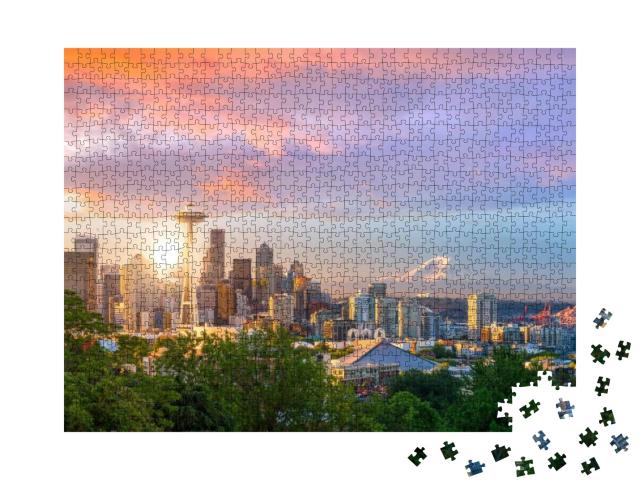 Puzzle 1000 Teile „Skyline von Seattle im Sonnenuntergang, Washington, USA“
