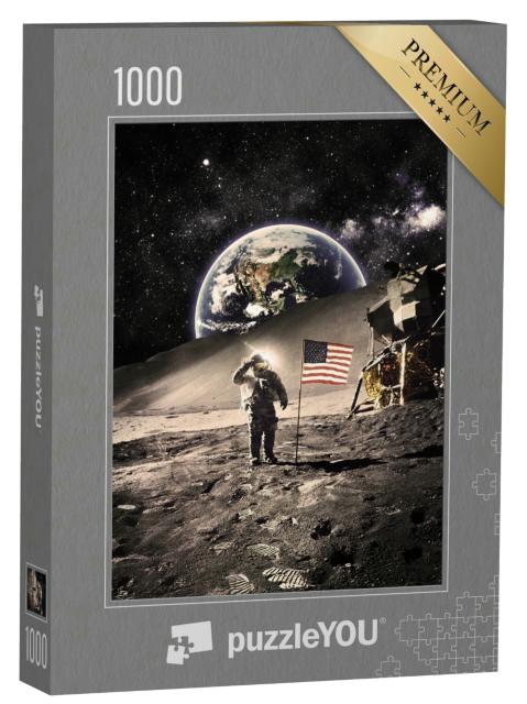 Puzzle 1000 Teile „Vintage -Astronaut mit Flagge auf dem Mond, NASA-Bildmaterial“