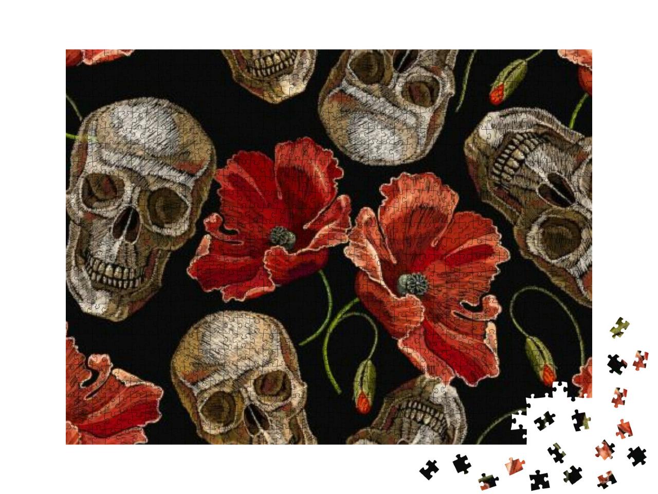 Puzzle 1000 Teile „Gothic-Motiv Stickerei menschlicher Schädel und rote Mohnblumen“