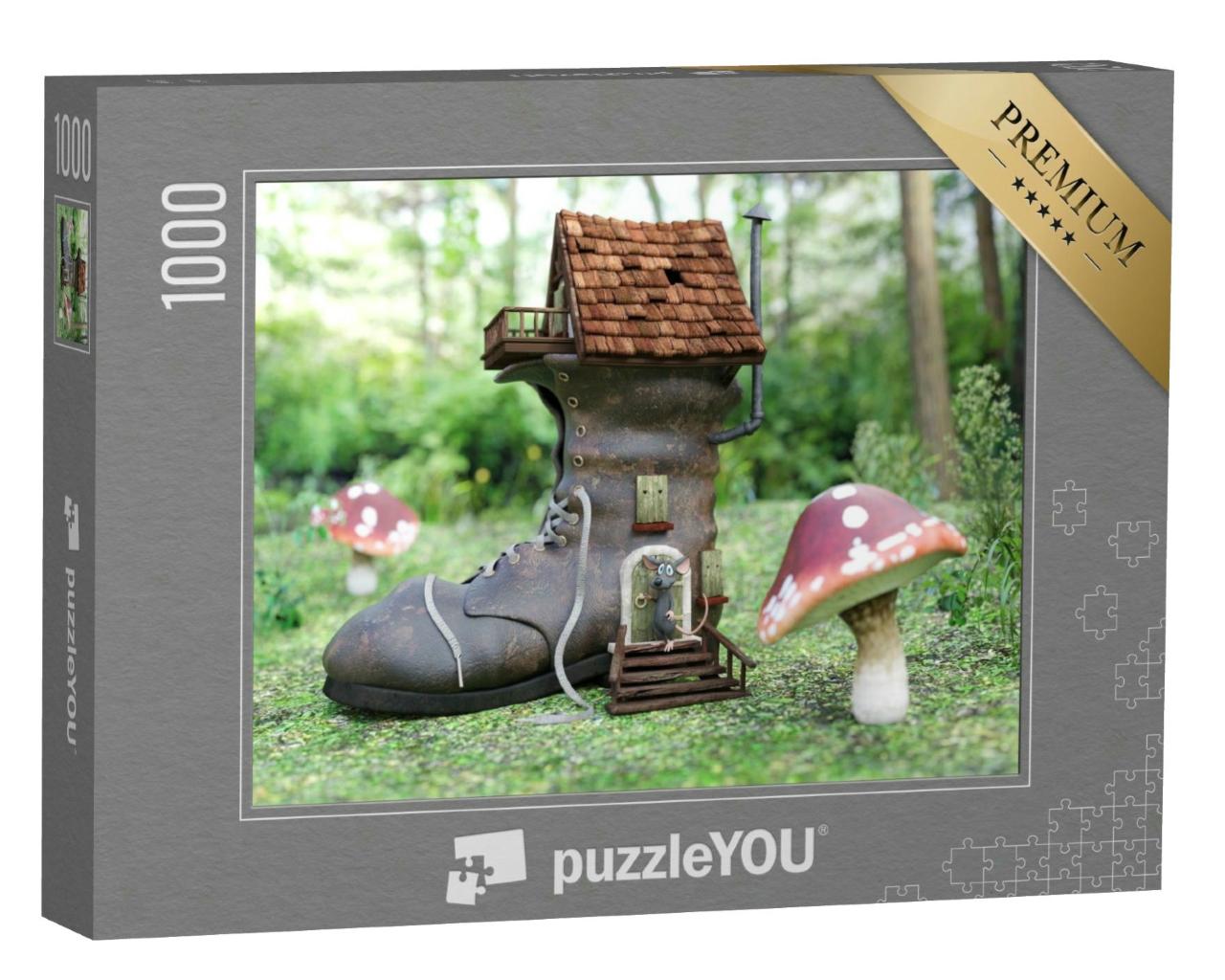 Puzzle 1000 Teile „Digitale Kunst: Waldmaus vor ihrem Stiefel-Haus“