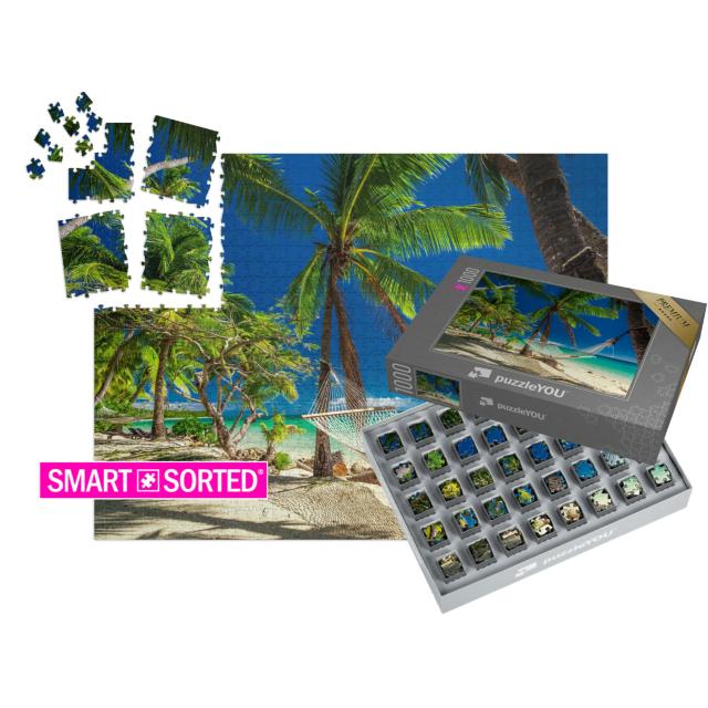 SMART SORTED® | Puzzle 1000 Teile „Hängematte unter tropischen Palmen, Fidschi-Inseln“