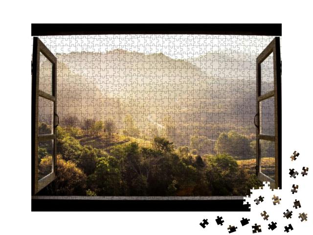 Puzzle 1000 Teile „Blick aus dem Fenster: Sonnenüberflutete Landschaft in Thailand“