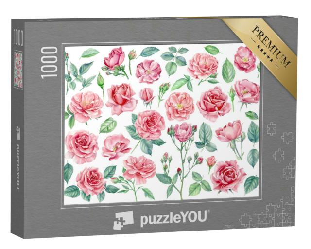 Puzzle 1000 Teile „Aquarell-Illustration: Knospen, Blüten und Blätter von rosa Rosen“