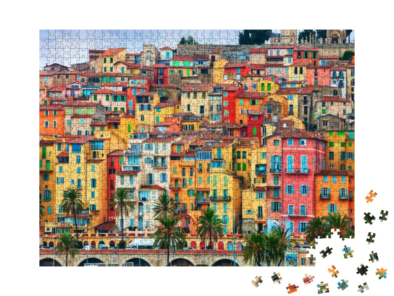Puzzle 1000 Teile „Farbenfrohe Häuser in der Altstadt von Menton, Französische Riviera, Frankreich“