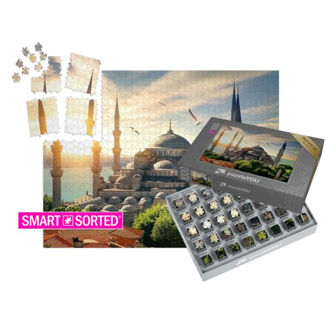 SMART SORTED® | Puzzle 1000 Teile „Möwen über der Blauen Moschee und dem Bosporus in Istanbul“