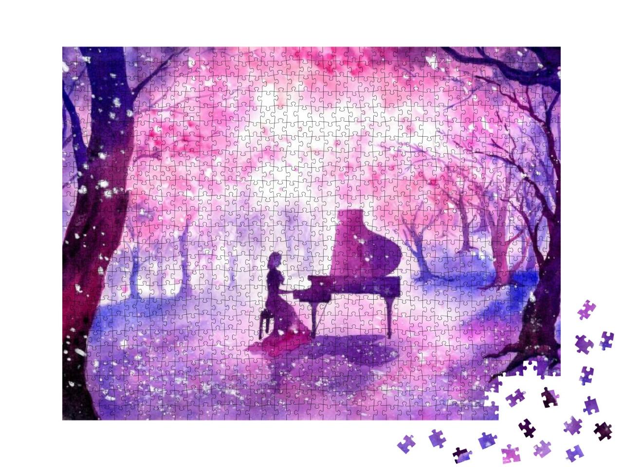 Puzzle 1000 Teile „Aquarellmalerei: Klavierspiel unter Kirschblüten“