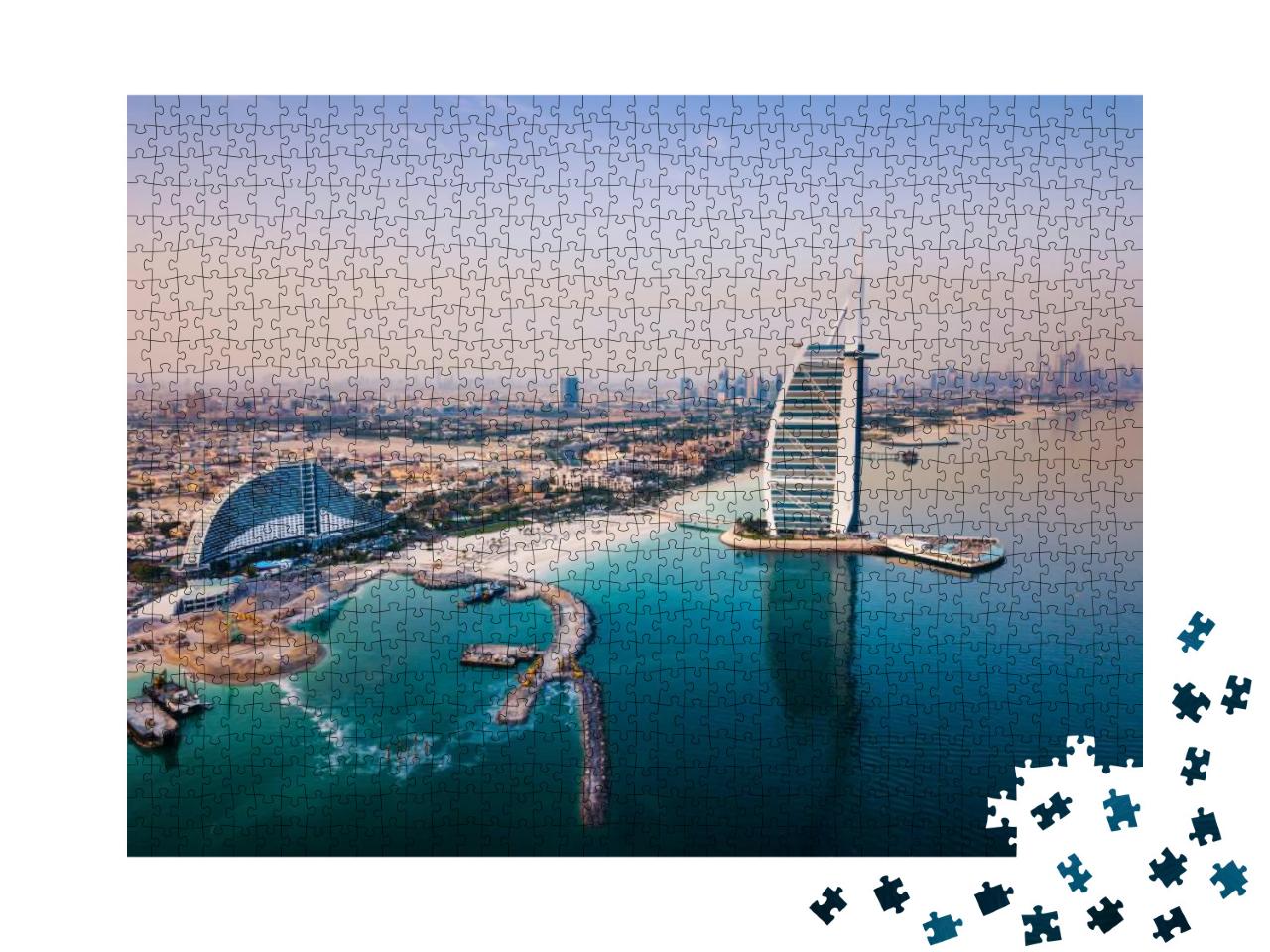 Puzzle 1000 Teile „Das Luxushotel Burj Al Arab und die Skyline des Hafens von Dubai“