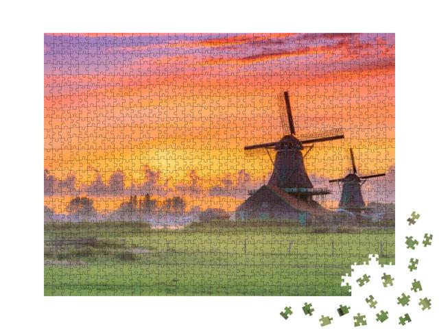 Puzzle 1000 Teile „Windmühlen im Sonnenuntergang, Niederlande“