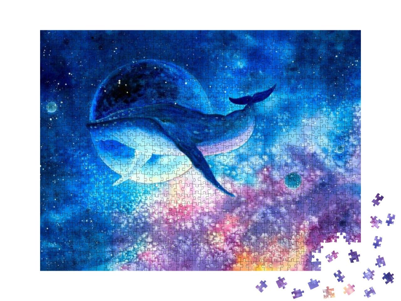 Puzzle 1000 Teile „Aquarellmalerei: Wal taucht in die Tiefen des Weltraums“