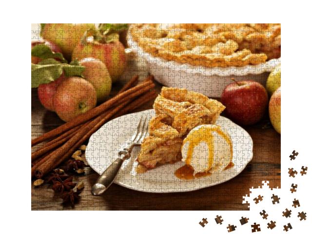 Puzzle 1000 Teile „Köstliche Leckerei: Frischer Apfelkuchen mit Vanilleeis“