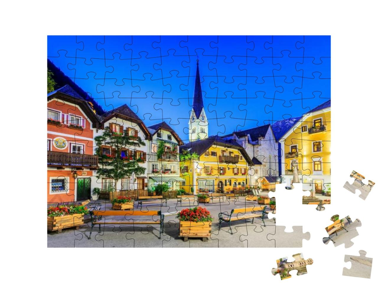 Puzzle 100 Teile „Hallstatt, Österreich. Bergdorf in den österreichischen Alpen bei Dämmerung“