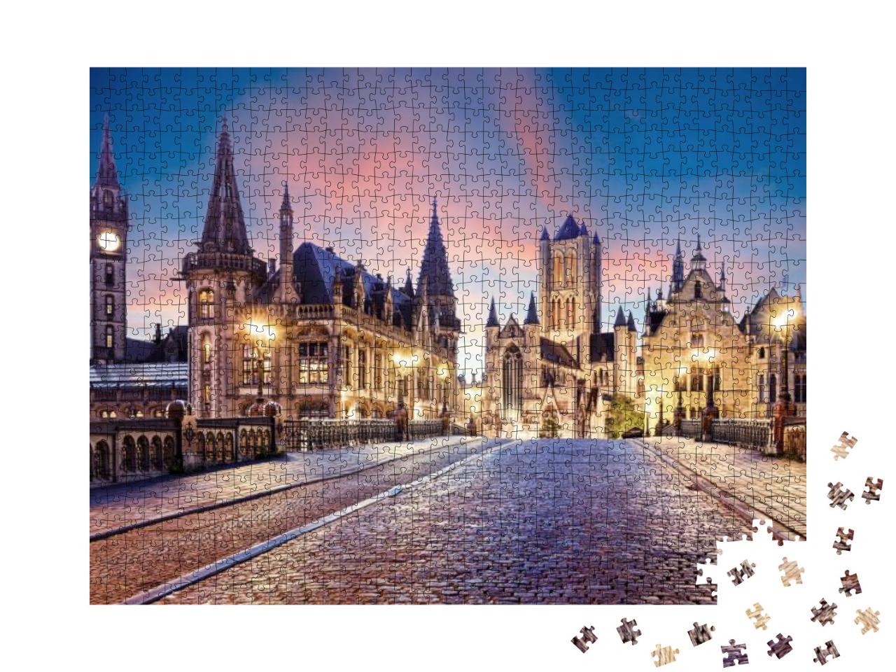 Puzzle 1000 Teile „Altstadt von Gent im Sonnenuntergang, Belgien“