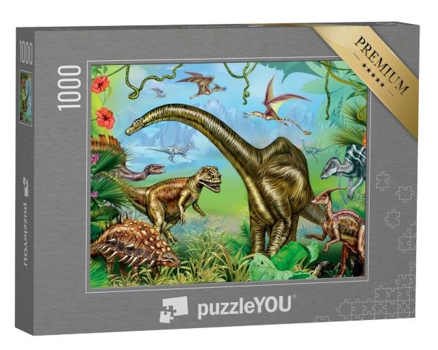 Puzzle 1000 Teile „Alte Tropenlandschaft: Welt der beeindruckenden Dinosaurier“