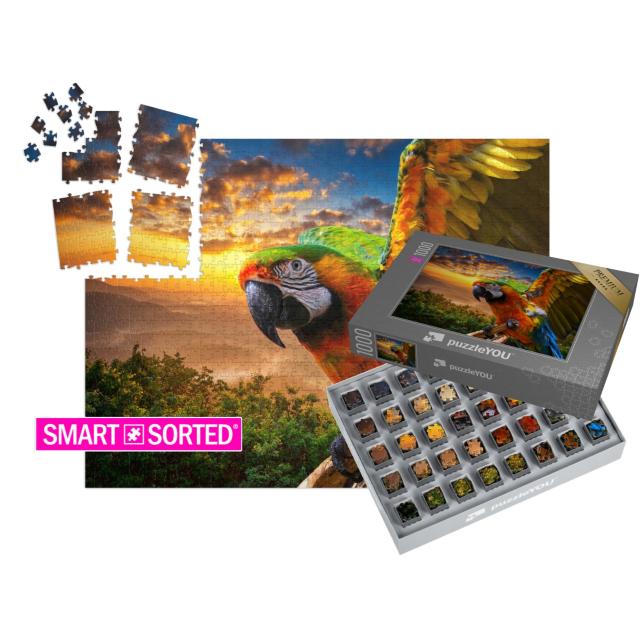 SMART SORTED® Puzzle 1000 Teile „Prächtige Farben der Natur: Ara im Sonnenuntergang“