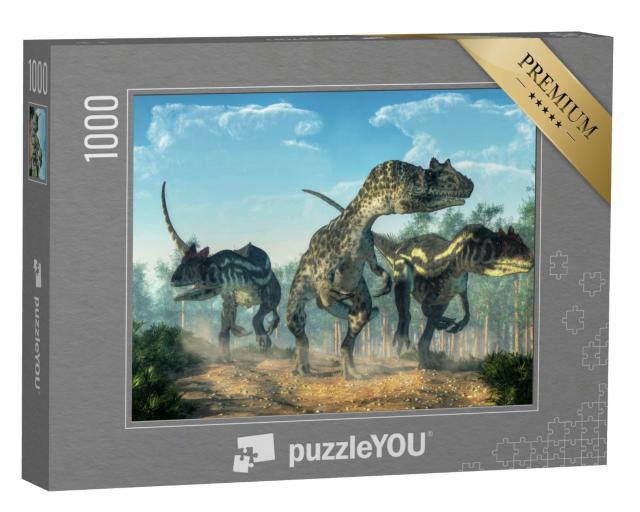 Puzzle 1000 Teile „Drei Allosaurier wirbeln Staub auf, Jäger auf Beutezug“