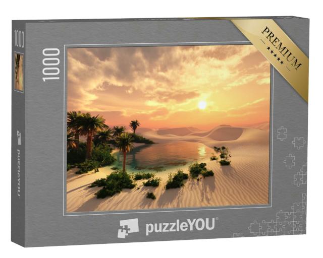 Puzzle 1000 Teile „Oase bei Sonnenuntergang in einer Sandwüste, Panorama, Wüste mit Palmen“