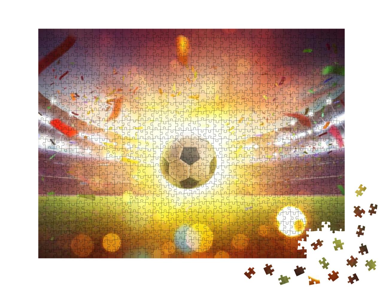 Puzzle 1000 Teile „Schwimmender Fußball im Fußballstadion mit Rauch und Bokeh abstrakt“