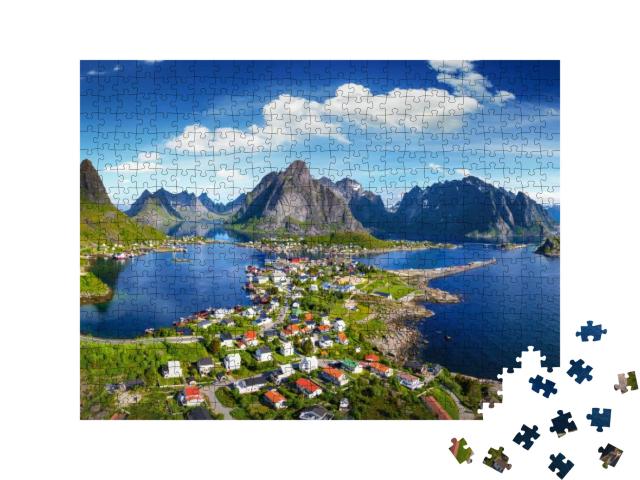 Puzzle 500 Teile „Dorf Reine unter einem sonnigen, blauen Himmel, Lofoten, Norwegen“