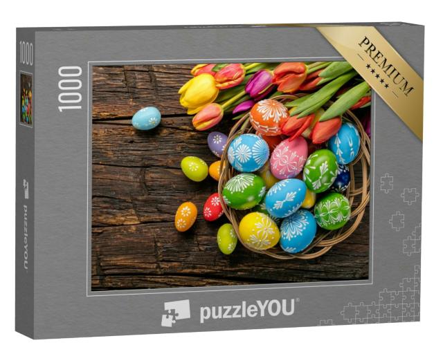 Puzzle 1000 Teile „Ostereier und Tulpen“
