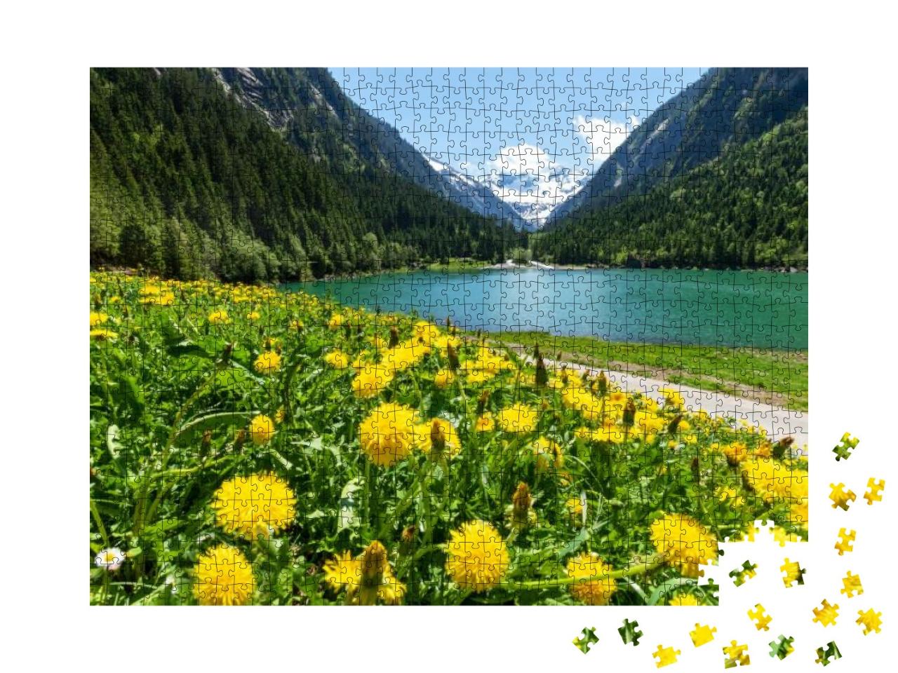 Puzzle 1000 Teile „Sommer in den Tiroler Alpen: Löwenzahn und Bergsee, Zillertal, Österreich“