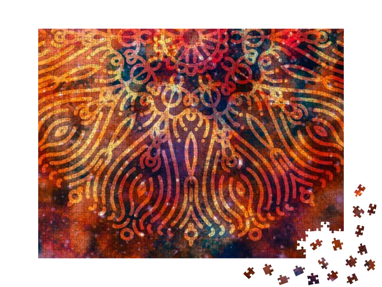 Puzzle 1000 Teile „Digitale Kunst: Mandala, im Hintergrund eine bunte Galaxie“