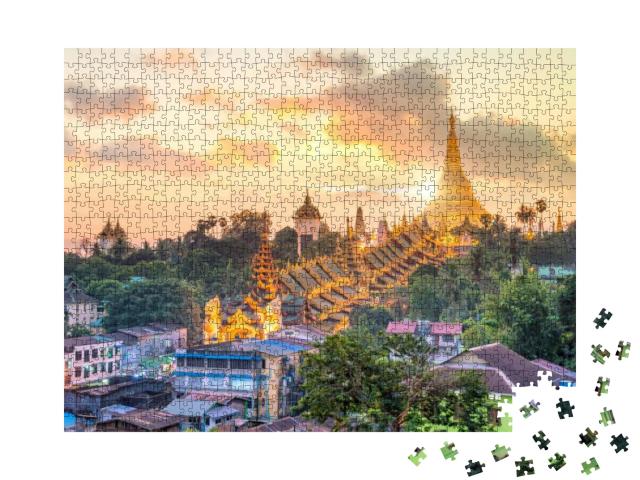 Puzzle 1000 Teile „Sonnenuntergang über der Skyline von Yangon Shwedagon Pagode in Myanmar“