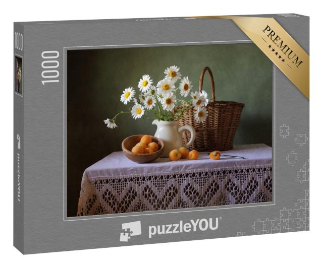 Puzzle 1000 Teile „Stillleben mit einem Sommerstrauß, Aprikosen und einem Korb aus Holz“