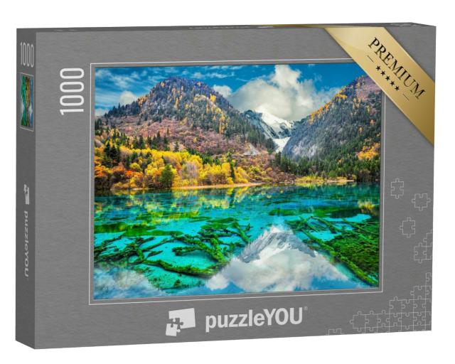 Puzzle 1000 Teile „Kristallklares Wasser des Five Flower Lake, Bunter See, Jiuzhaigou, China“