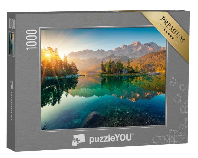 Puzzle 1000 Teile „Beeindruckender Sommer-Sonnenaufgang am Eibsee mit Zugspitze“