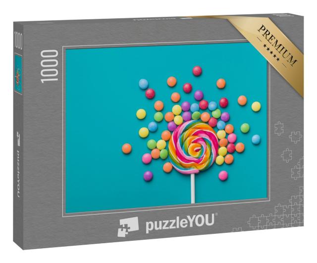 Puzzle 1000 Teile „Süßer Lutscher und bunte Smarties auf blauem Hintergrund“