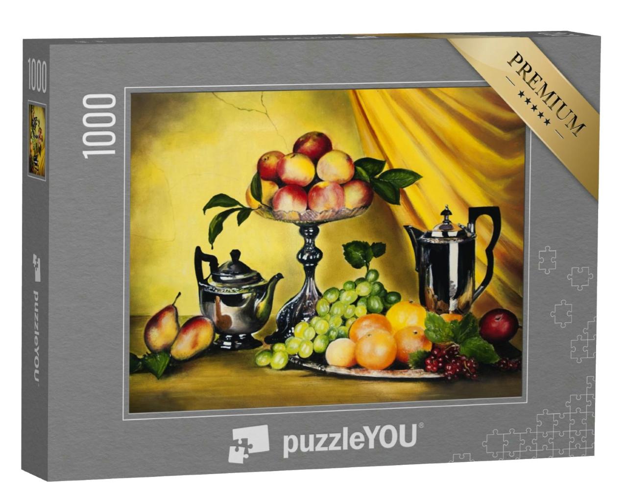 Puzzle 1000 Teile „Stillleben mit Pfirsichen und Weintrauben auf silbernem Geschirr, Ölgemälde“