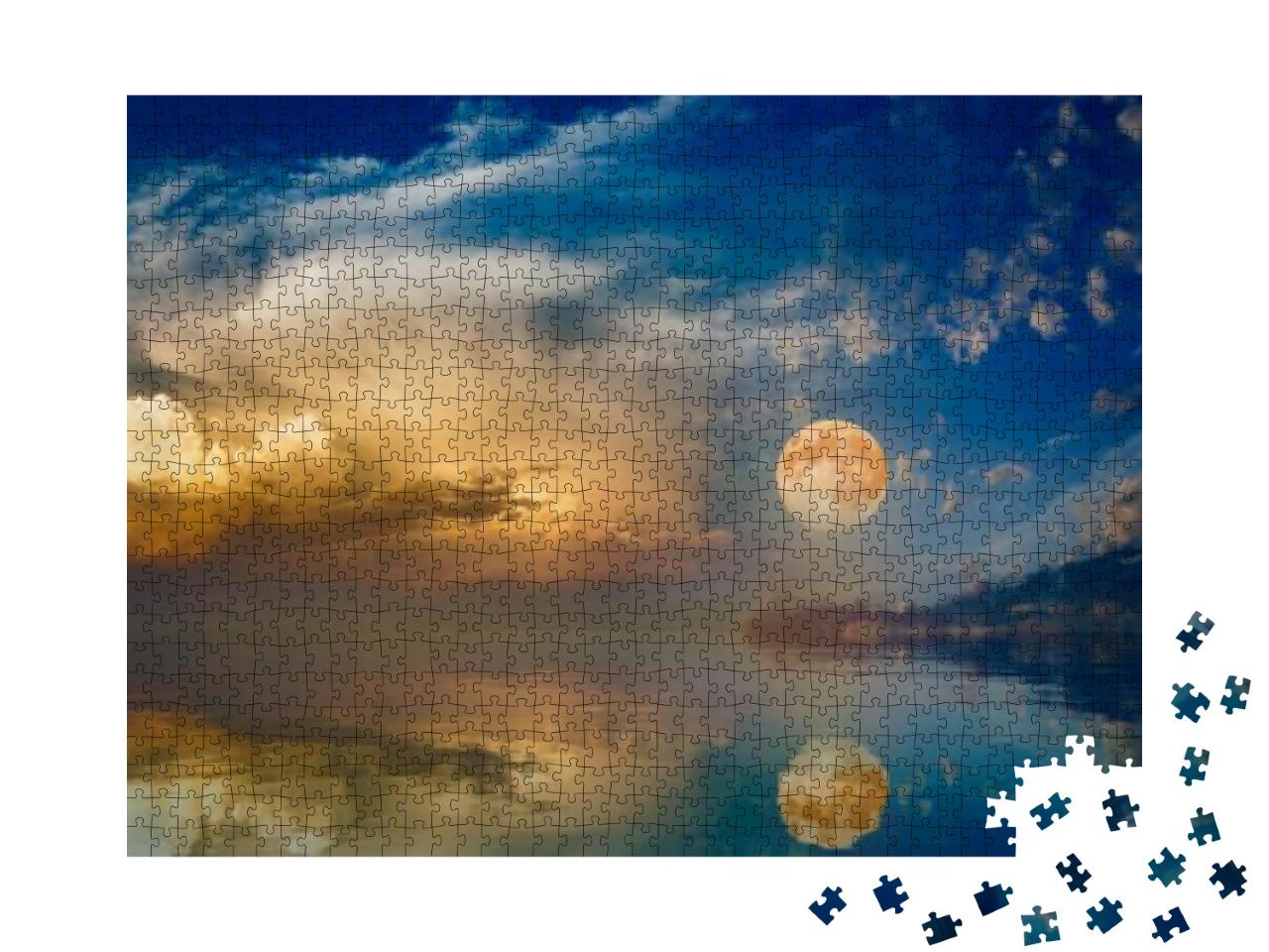 Puzzle 1000 Teile „Atmosphärisch: Vollmond über dem Sonnenuntergangshimmel am Meer“