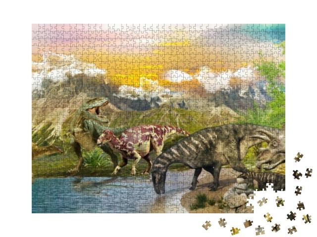Puzzle 1000 Teile „Illustration: Dinosaurier an einem See“