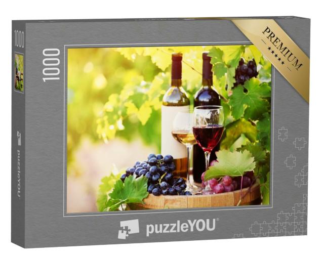 Puzzle 1000 Teile „Leckerer Wein auf einem Holzfass auf einem Weinberg“