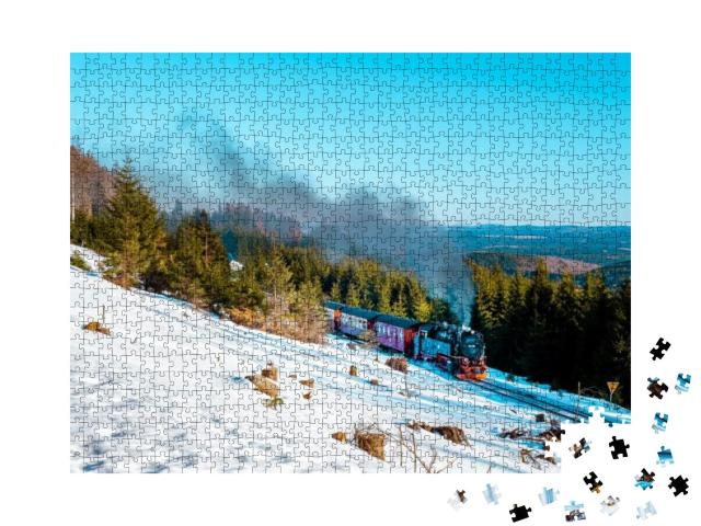 Puzzle 1000 Teile „Dampflok im Schnee: Winterlandschaft im Harz, Deutschland“