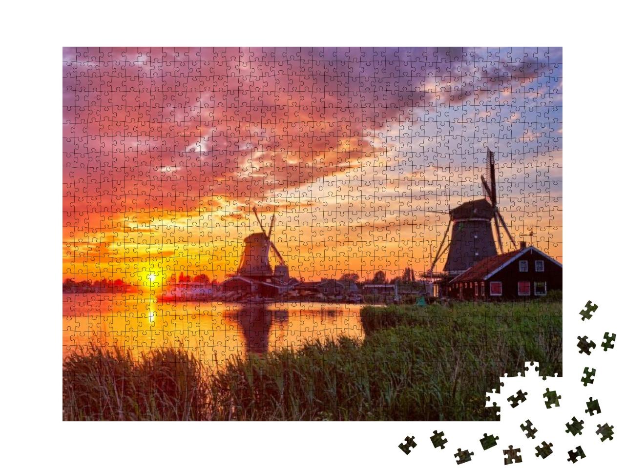 Puzzle 1000 Teile „Ländliche Szene in den Niederlanden: Windmühlen am Touristenort Zaanse Schans“