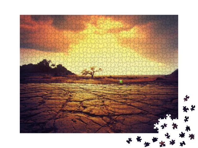 Puzzle 1000 Teile „Trockenes Land, einsamer Baum, Sonnenuntergang“