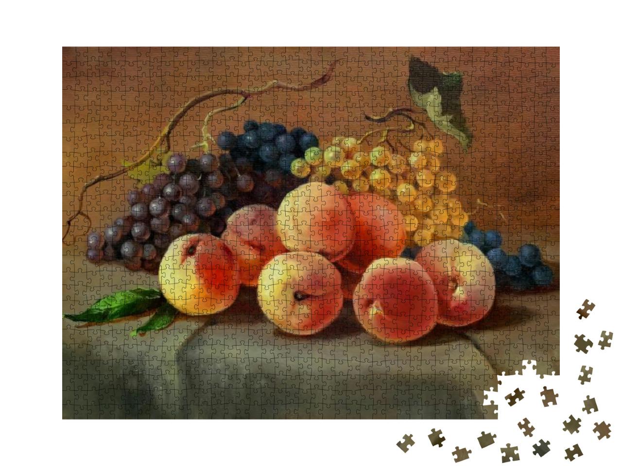 Puzzle 1000 Teile „Reife, saftige Pfirsiche und Weintrauben auf dem Tisch, Ölgemälde auf Leinwand“