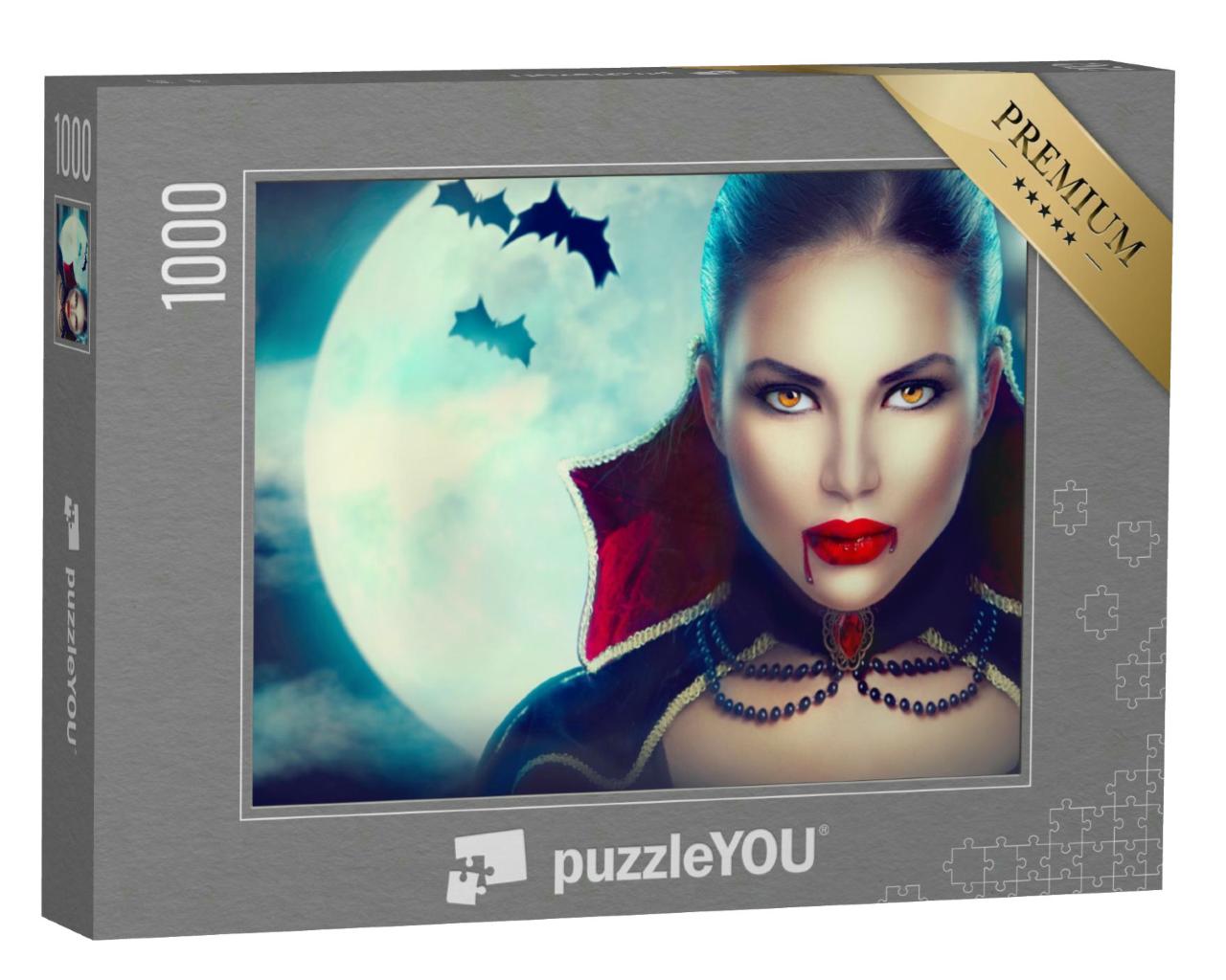 Puzzle 1000 Teile „Halloween: Porträt einer Vampirfrau vor Vollmond, tropfendes Blut“