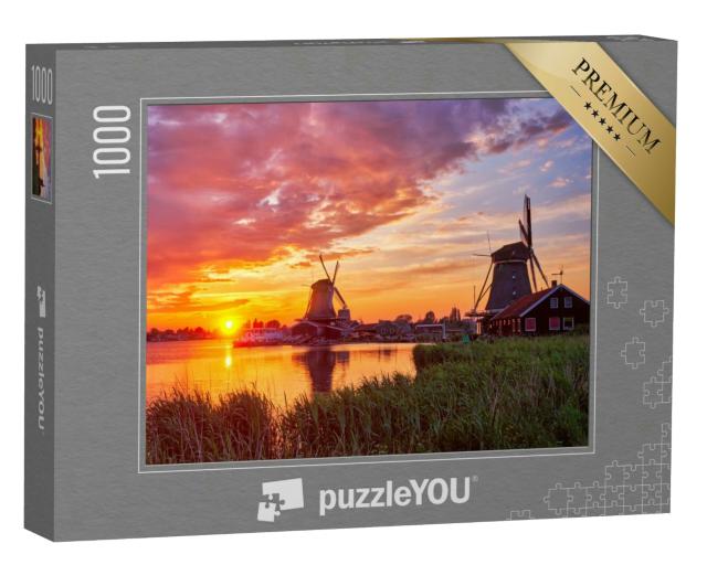 Puzzle 1000 Teile „Ländliche Szene in den Niederlanden: Windmühlen am Touristenort Zaanse Schans“