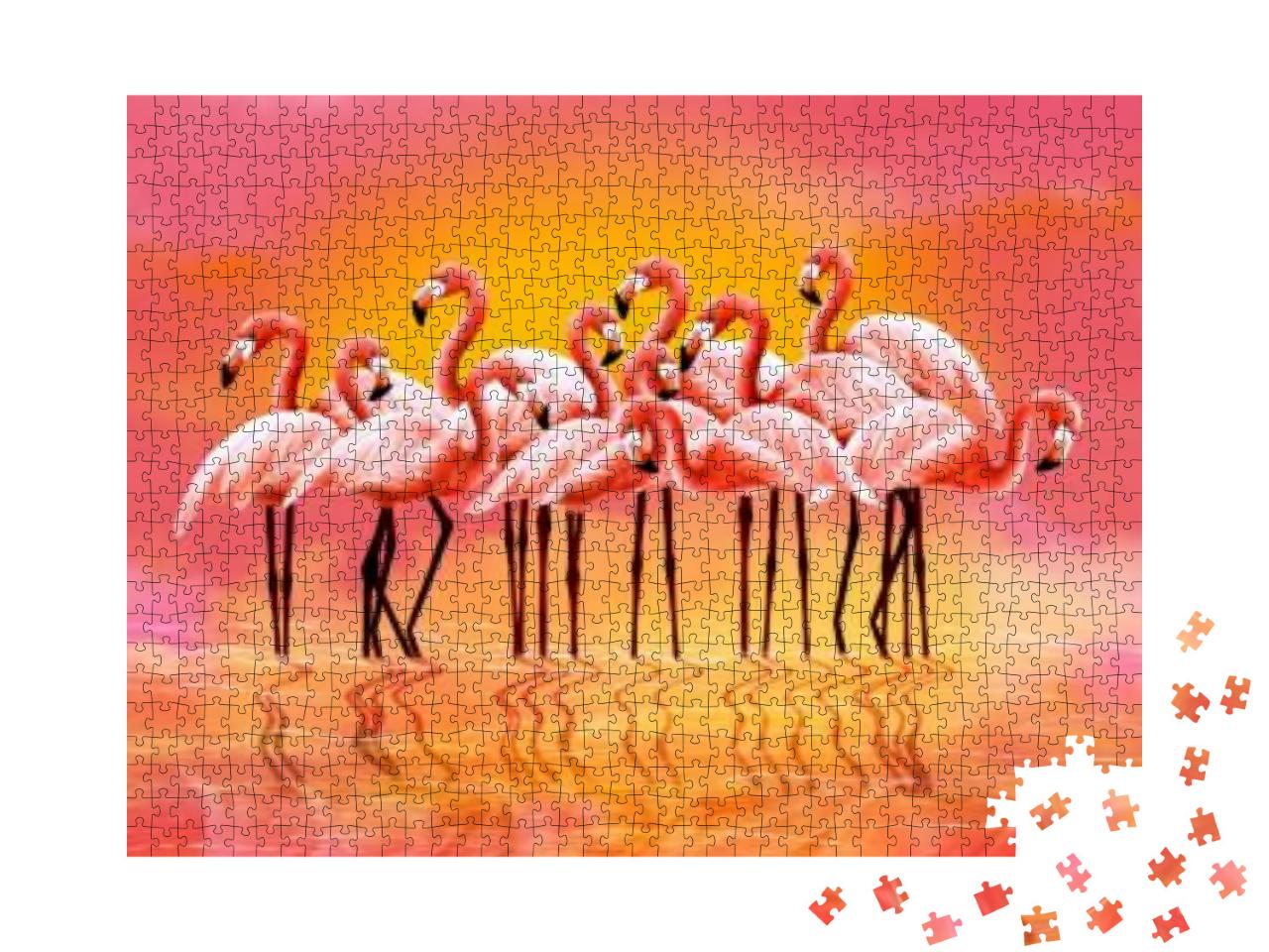 Puzzle 1000 Teile „Digitale Illustration: Panorama von rosa Flamingos“