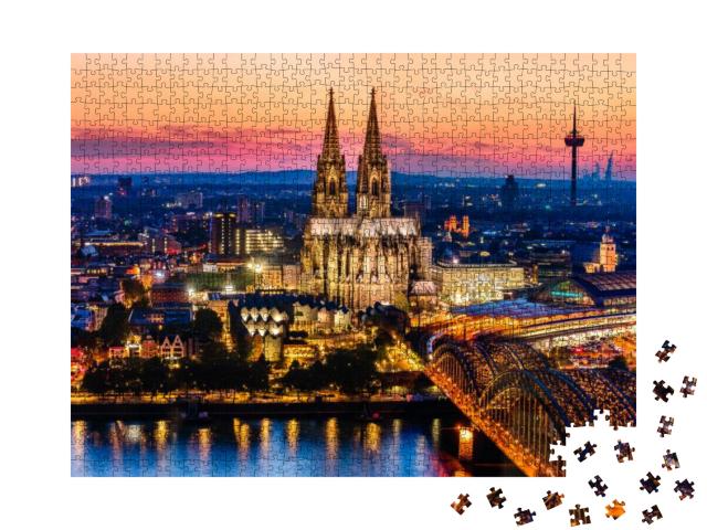 Puzzle 1000 Teile „Wunderschönes Nachtpanorama des Kölner Doms, der Hohenzollernbrücke und des Rheins“