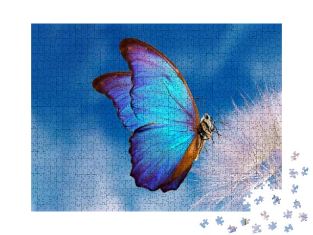 Puzzle 1000 Teile „Makro-Fotografie: Der blaue Morpho Schmetterling auf einer Pusteblume“