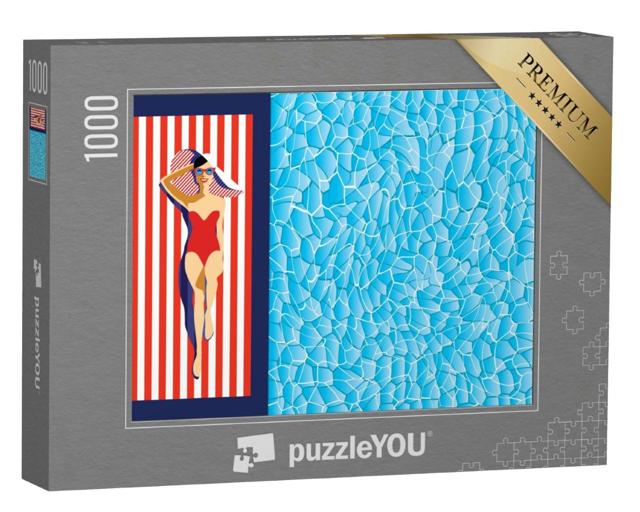 Puzzle 1000 Teile „Illustration: schöne junge Frau am Pool mit Sonnenbrille, Hut, Badeanzug“