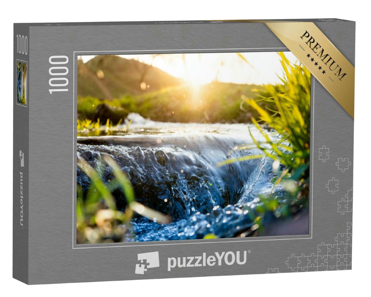 Puzzle 1000 Teile „Plätschernde Quelle, Wasserlauf, Gräser, unscharfer Hintergrund“
