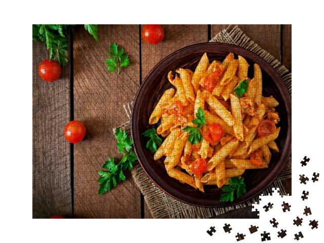 Puzzle 1000 Teile „Italienische Küche: Penne in Tomatensauce mit Hähnchen“