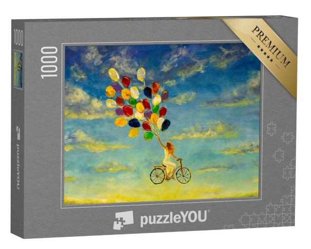 Puzzle 1000 Teile „Illustration: Mädchen auf Fahrrad fliegt an bunten Luftballons durch den Himmel“